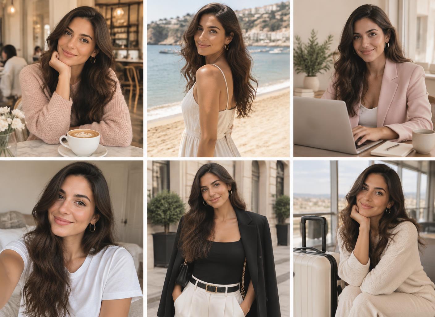 The same fictional AI influencer in six lifestyle settings